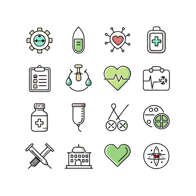 Ilustración vectorial del conjunto de iconos de atención médica para documentos, sitios web y aplicaciones móviles