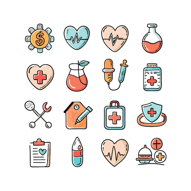 Ilustración vectorial del conjunto de iconos de atención médica para documentos, sitios web y aplicaciones móviles