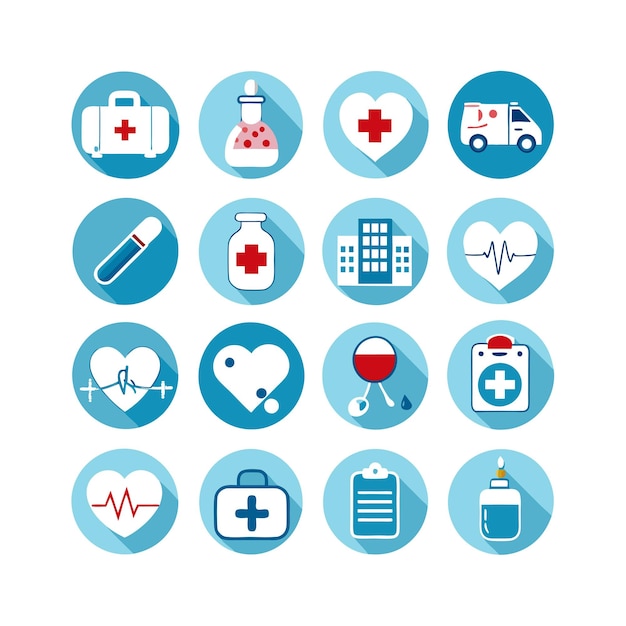 Ilustración vectorial del conjunto de iconos de atención médica para documentos, sitios web y aplicaciones móviles
