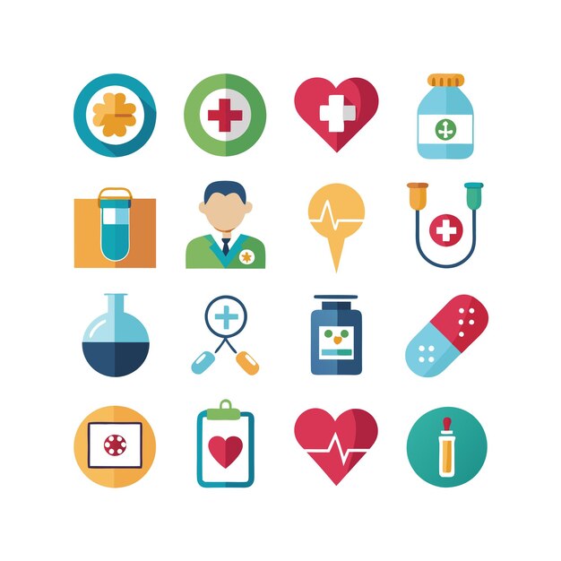 Ilustración vectorial del conjunto de iconos de atención médica para documentos, sitios web y aplicaciones móviles