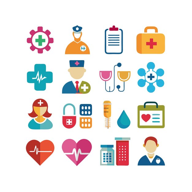 Ilustración vectorial del conjunto de iconos de atención médica para documentos, sitios web y aplicaciones móviles
