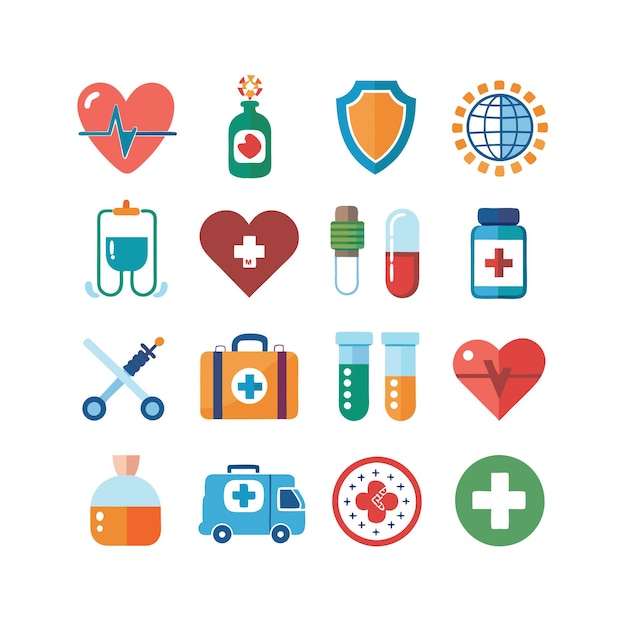 Ilustración vectorial del conjunto de iconos de atención médica para documentos, sitios web y aplicaciones móviles