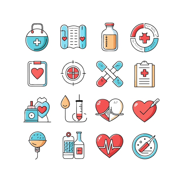 Ilustración vectorial del conjunto de iconos de atención médica para documentos, sitios web y aplicaciones móviles