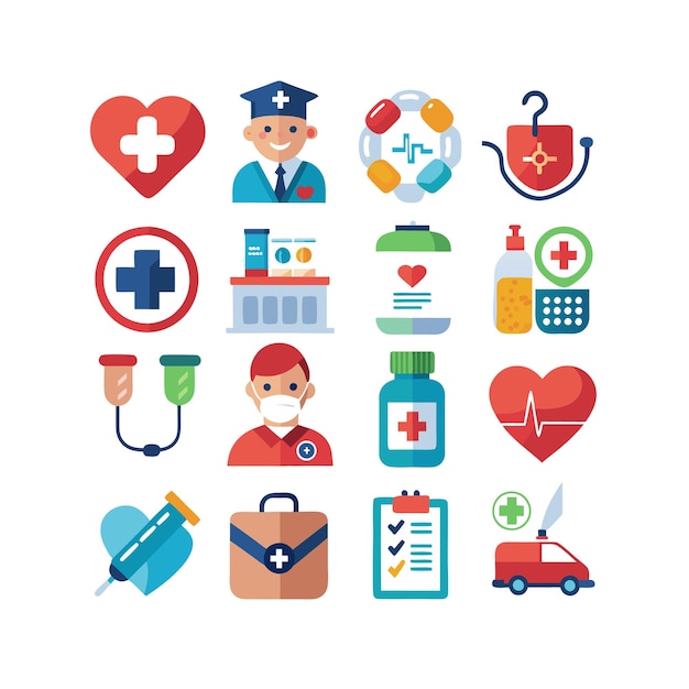 Ilustración vectorial del conjunto de iconos de atención médica para documentos, sitios web y aplicaciones móviles