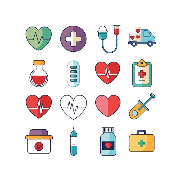 Ilustración vectorial del conjunto de iconos de atención médica para documentos, sitios web y aplicaciones móviles