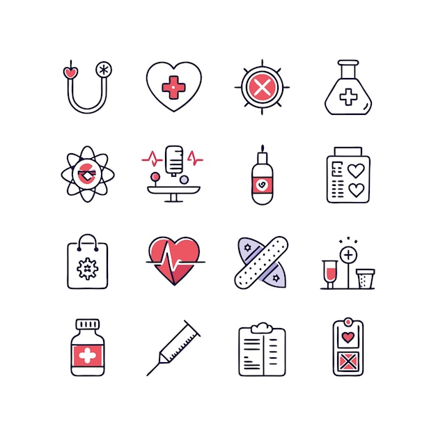 Ilustración vectorial del conjunto de iconos de atención médica para documentos, sitios web y aplicaciones móviles