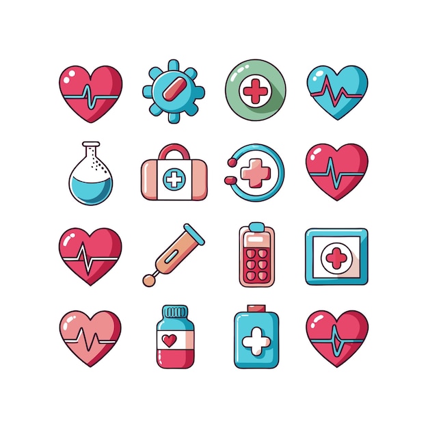 Ilustración vectorial del conjunto de iconos de atención médica para documentos, sitios web y aplicaciones móviles