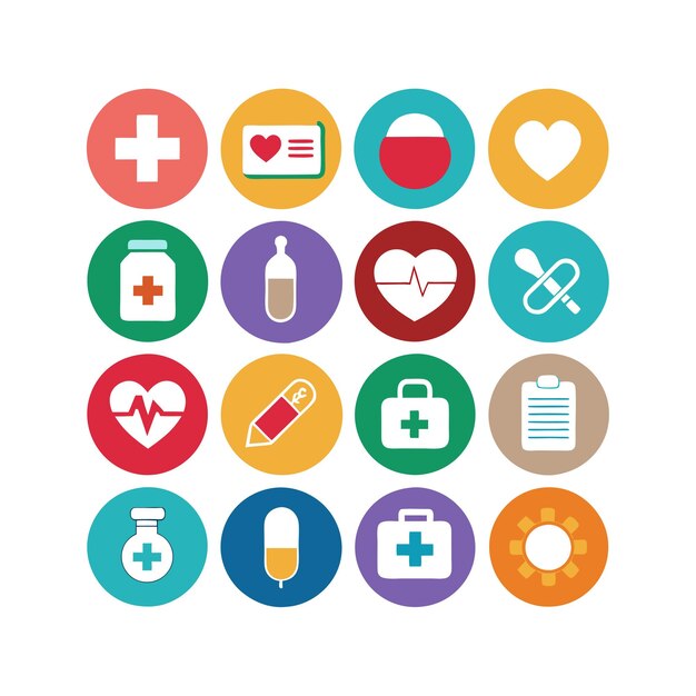 Ilustración vectorial del conjunto de iconos de atención médica para documentos, sitios web y aplicaciones móviles