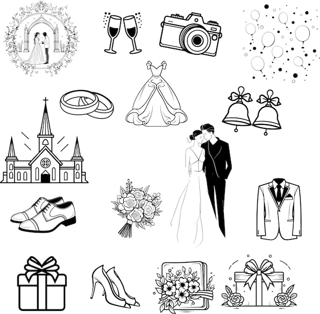 Vector ilustración vectorial del conjunto de iconos de bodas