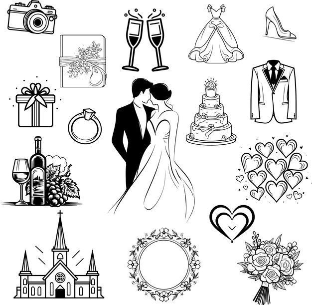 Ilustración vectorial del conjunto de iconos de bodas