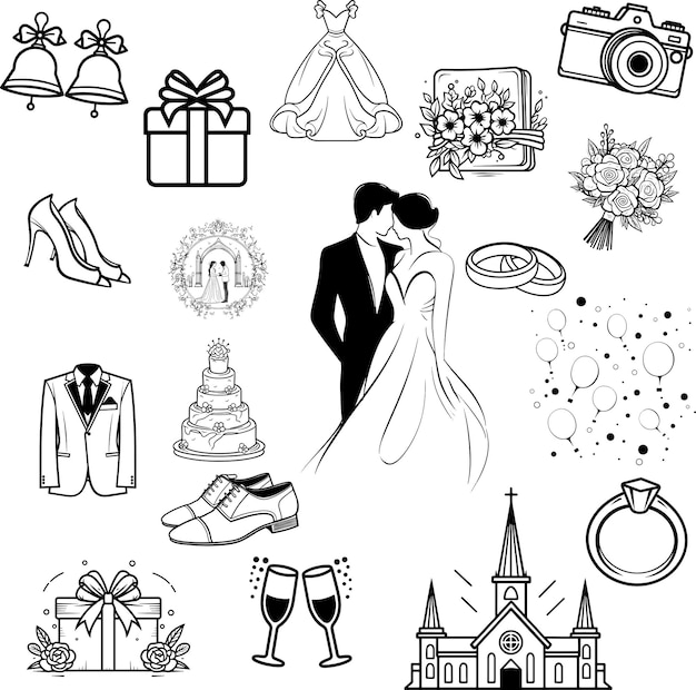 Ilustración vectorial del conjunto de iconos de bodas