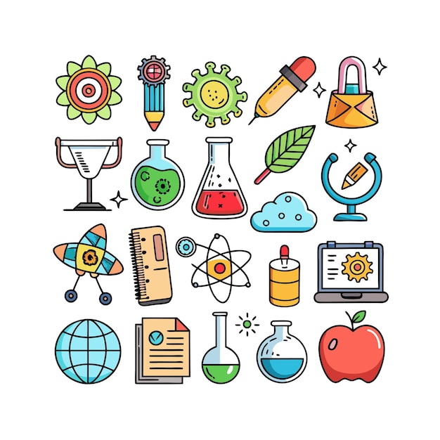 Ilustración vectorial del conjunto de iconos de ciencia e investigación