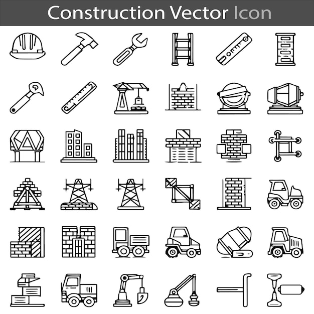Ilustración vectorial del conjunto de iconos de la colección de elementos de construcción con contorno plano