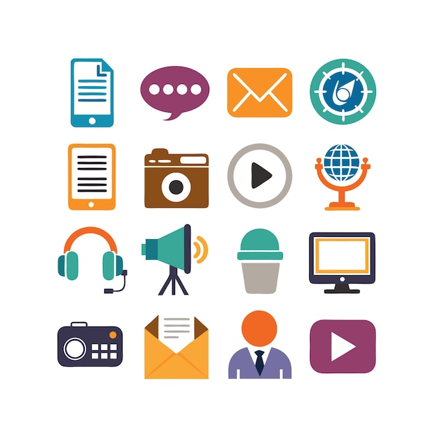 Ilustración vectorial del conjunto de iconos de comunicación y medios