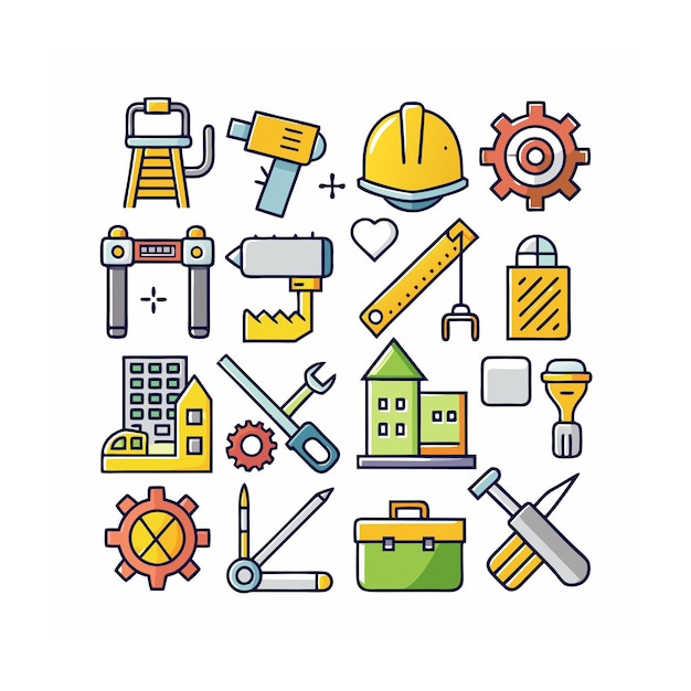 Ilustración vectorial del conjunto de iconos de construcción y herramientas