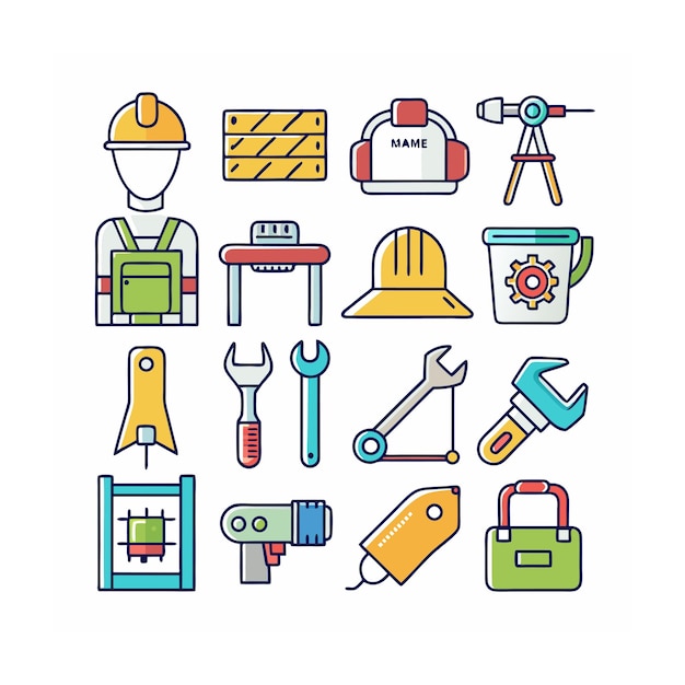 Ilustración vectorial del conjunto de iconos de construcción y herramientas