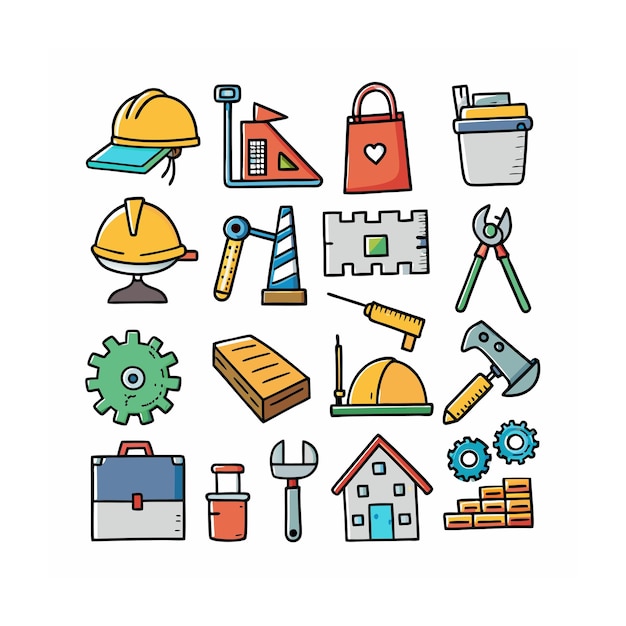 Ilustración vectorial del conjunto de iconos de construcción y herramientas