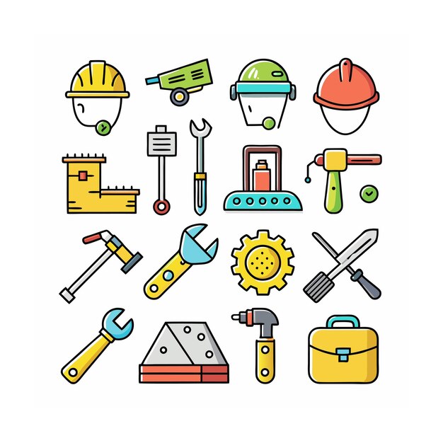 Ilustración vectorial del conjunto de iconos de construcción y herramientas