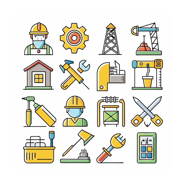Ilustración vectorial del conjunto de iconos de construcción y herramientas
