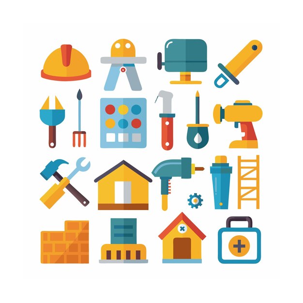 Ilustración vectorial del conjunto de iconos de construcción y herramientas