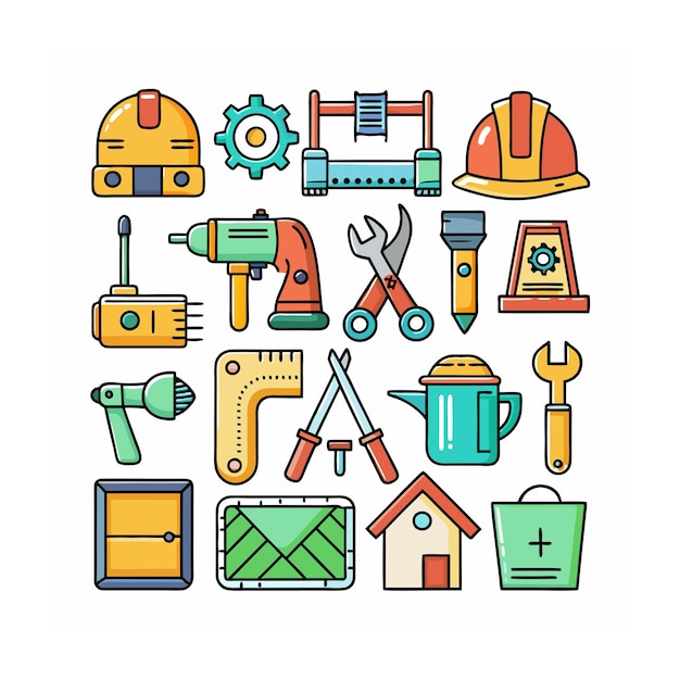 Ilustración vectorial del conjunto de iconos de construcción y herramientas