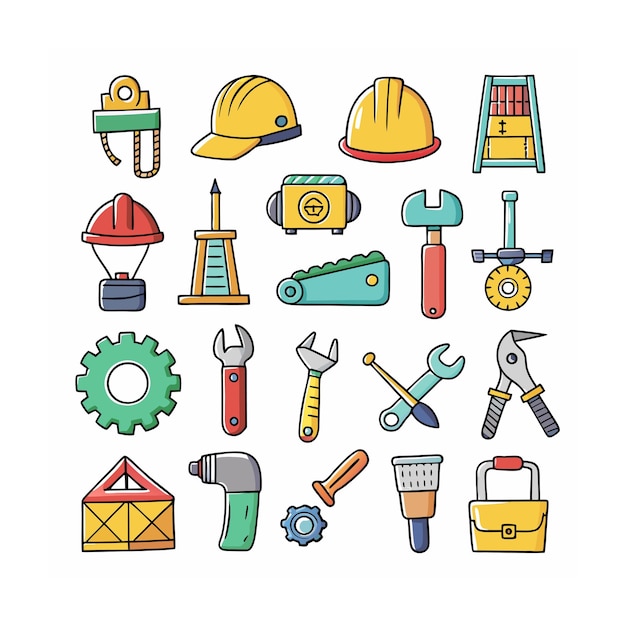 Ilustración vectorial del conjunto de iconos de construcción y herramientas