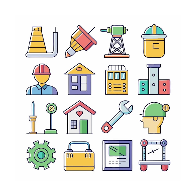 Ilustración vectorial del conjunto de iconos de construcción y herramientas