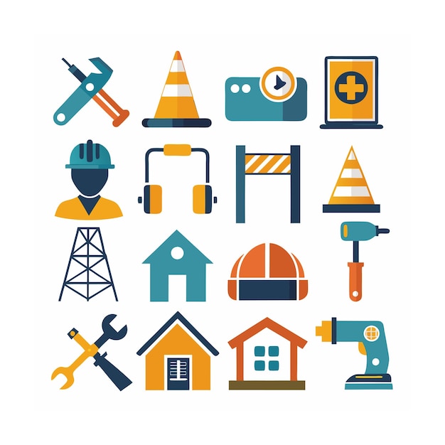 Ilustración vectorial del conjunto de iconos de construcción y herramientas