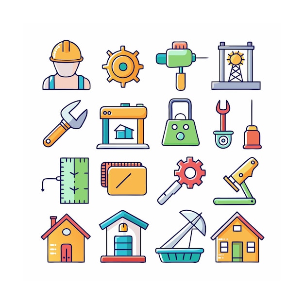Ilustración vectorial del conjunto de iconos de construcción y herramientas