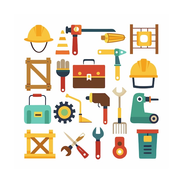 Ilustración vectorial del conjunto de iconos de construcción y herramientas