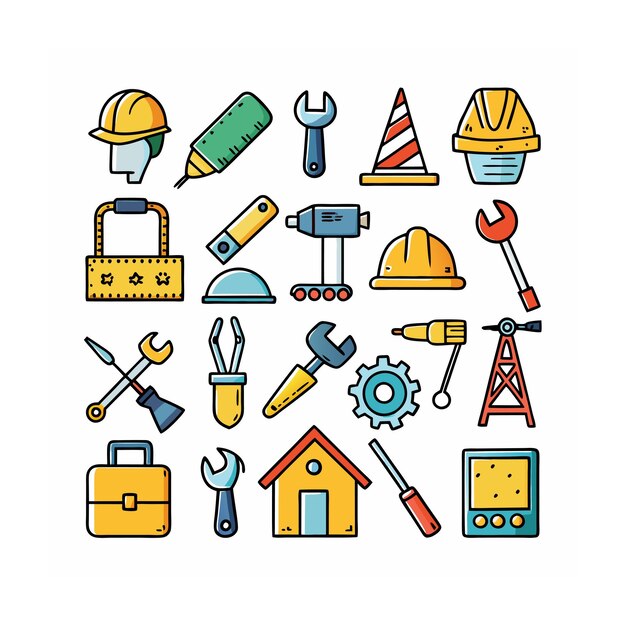 Ilustración vectorial del conjunto de iconos de construcción y herramientas