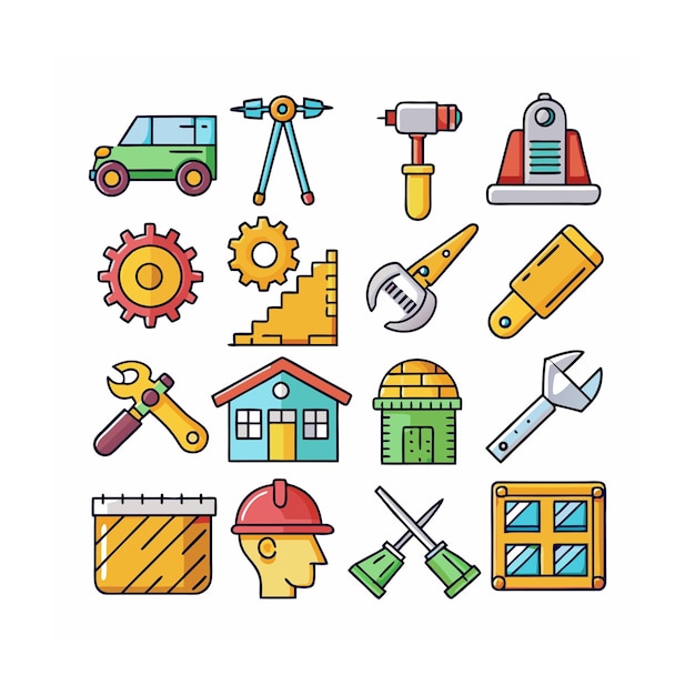 Ilustración vectorial del conjunto de iconos de construcción y herramientas