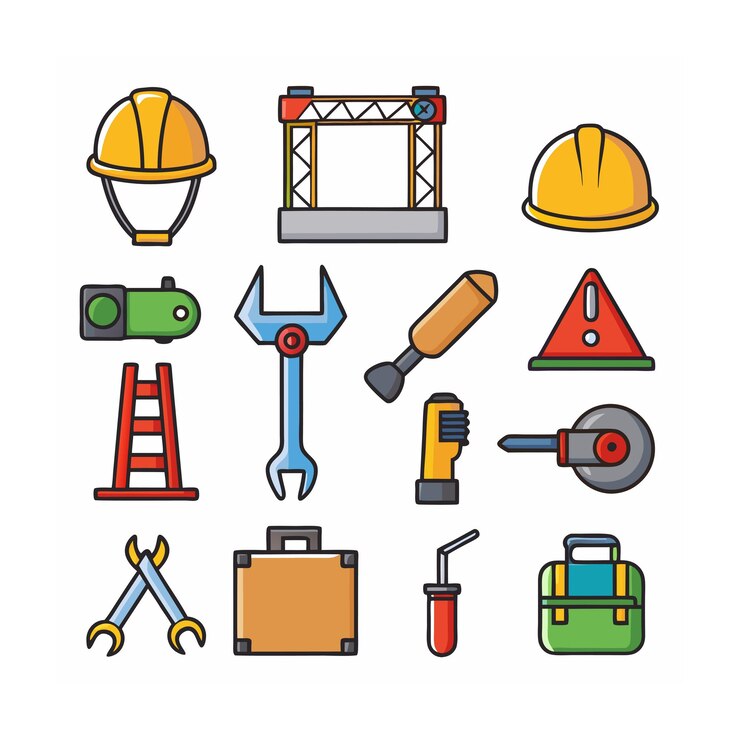 Vector ilustración vectorial del conjunto de iconos de construcción y herramientas