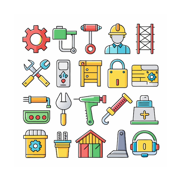 Ilustración vectorial del conjunto de iconos de construcción y herramientas