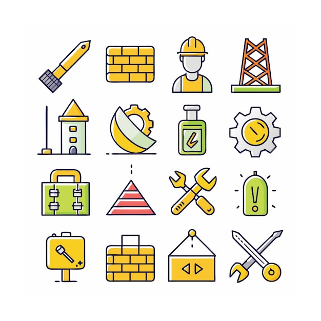 Ilustración vectorial del conjunto de iconos de construcción y herramientas
