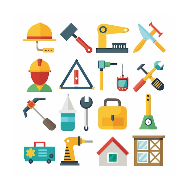 Ilustración vectorial del conjunto de iconos de construcción y herramientas