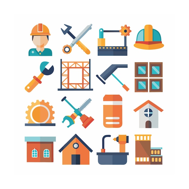 Ilustración vectorial del conjunto de iconos de construcción y herramientas