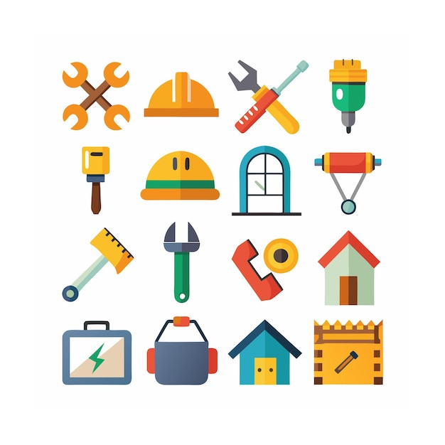 Ilustración vectorial del conjunto de iconos de construcción y herramientas
