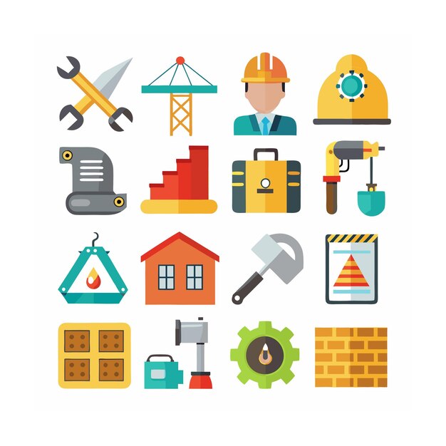 Ilustración vectorial del conjunto de iconos de construcción y herramientas