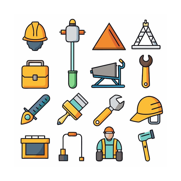 Ilustración vectorial del conjunto de iconos de construcción y herramientas