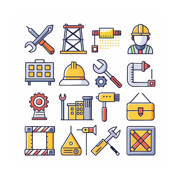 Ilustración vectorial del conjunto de iconos de construcción y herramientas