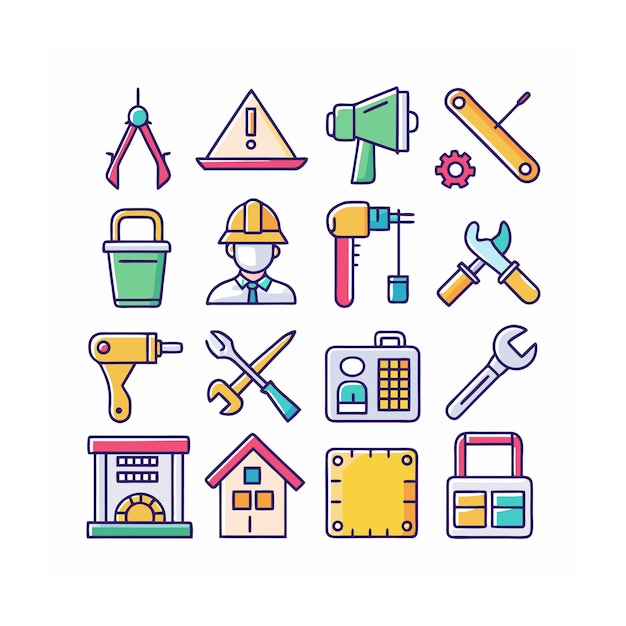 Ilustración vectorial del conjunto de iconos de construcción y herramientas