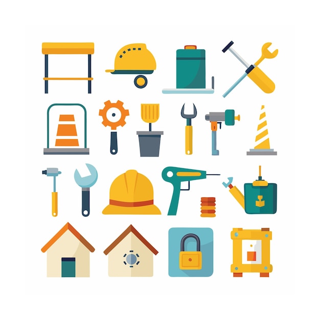 Ilustración vectorial del conjunto de iconos de construcción y herramientas