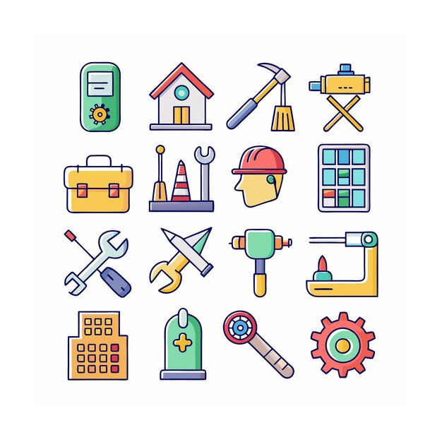 Ilustración vectorial del conjunto de iconos de construcción y herramientas