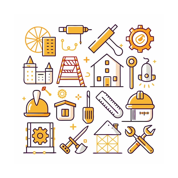 Ilustración vectorial del conjunto de iconos de construcción y herramientas