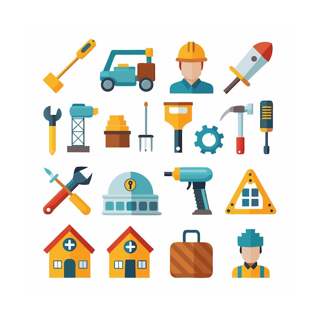 Ilustración vectorial del conjunto de iconos de construcción y herramientas