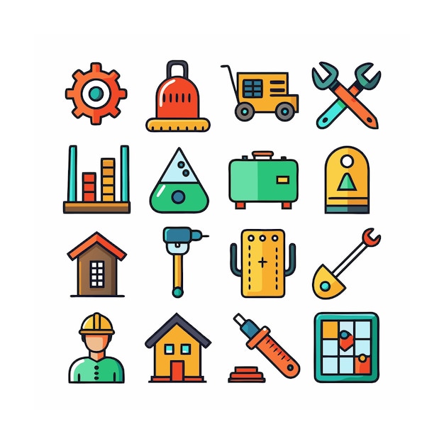 Ilustración vectorial del conjunto de iconos de construcción y herramientas