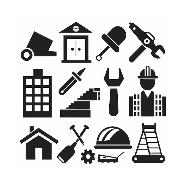 Ilustración vectorial del conjunto de iconos de construcción y herramientas