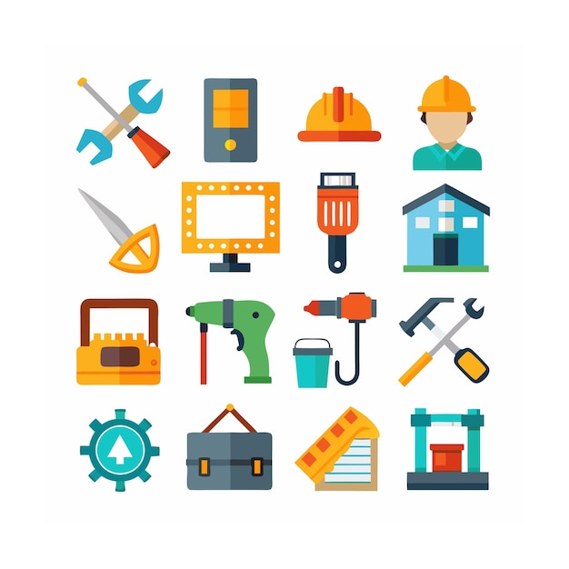 Ilustración vectorial del conjunto de iconos de construcción y herramientas
