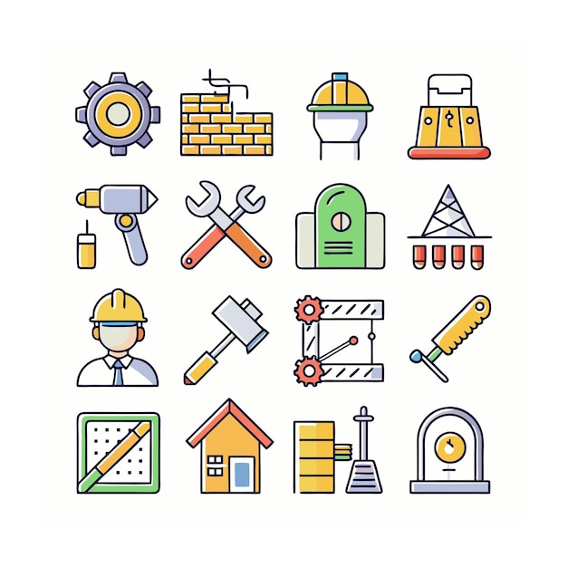 Ilustración vectorial del conjunto de iconos de construcción y herramientas